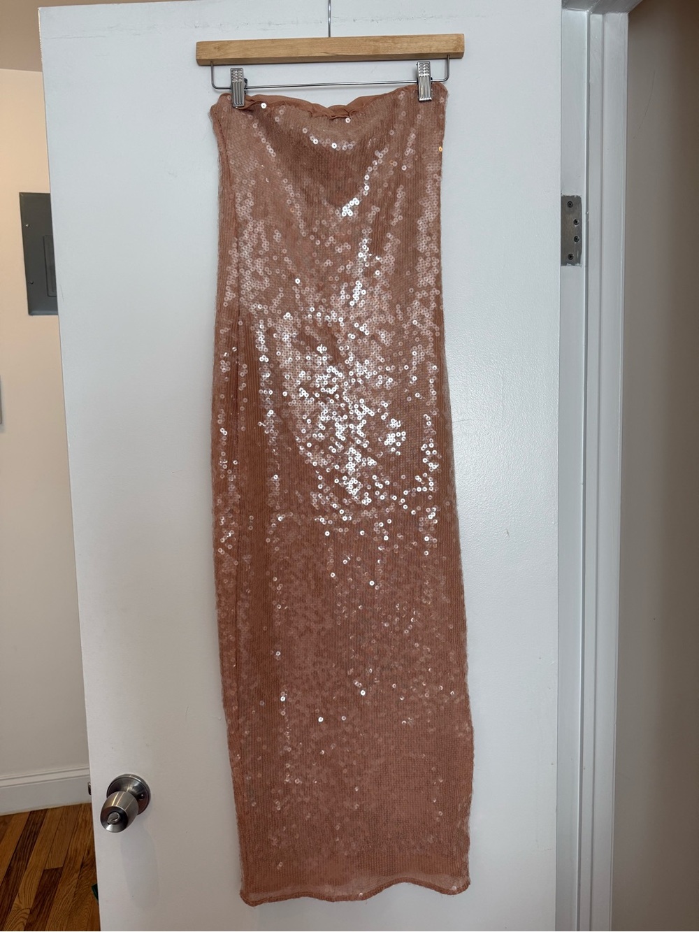 Bardot Rose Gold Sequin Strapless Maxi Dress